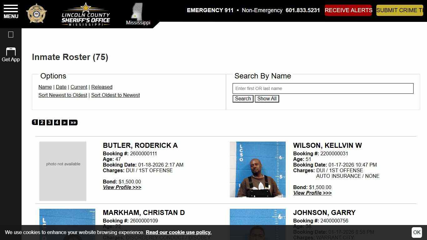Inmate Roster | Lincoln County Sheriff's Office MS | Sort Booking Time - Descending | Page 1